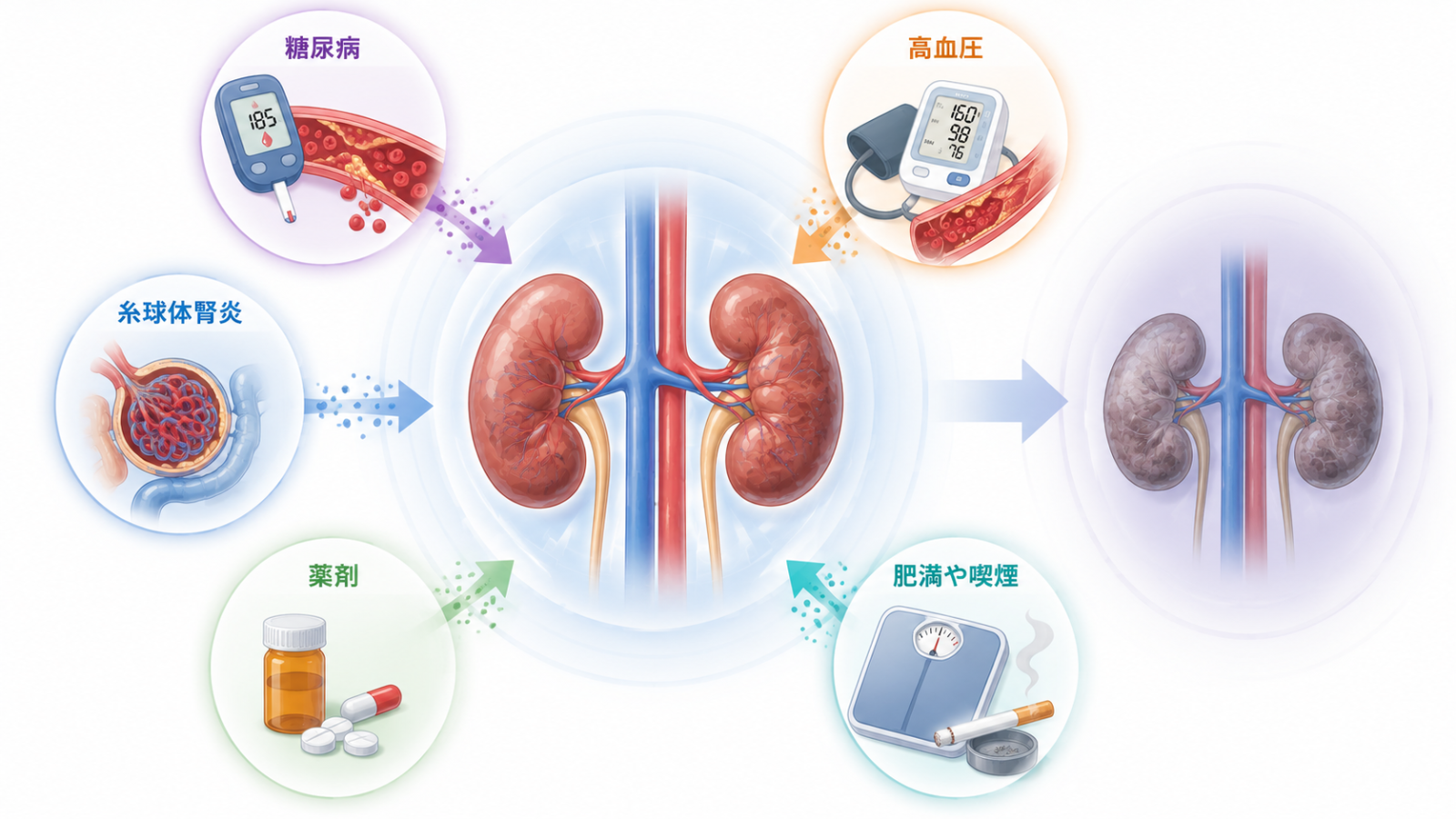 慢性腎臓病と糖尿病、高血圧、肥満、脂質異常症など生活習慣病の関係