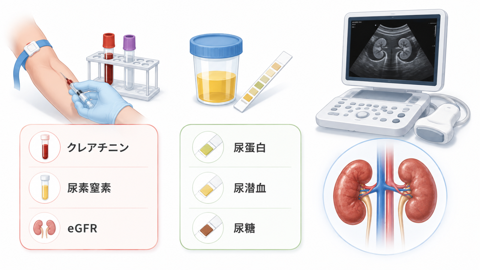 慢性腎臓病を調べる血液検査、尿検査、腹部超音波検査