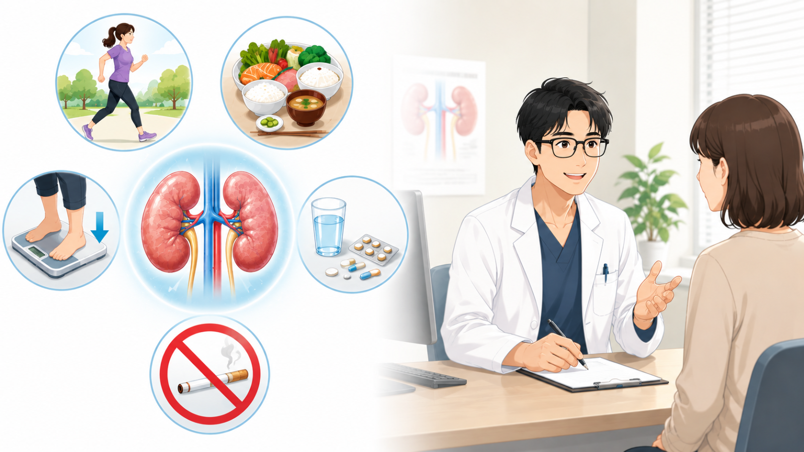 慢性腎臓病の治療として血糖、血圧、体重、食事、薬、禁煙を総合的に管理するイラスト