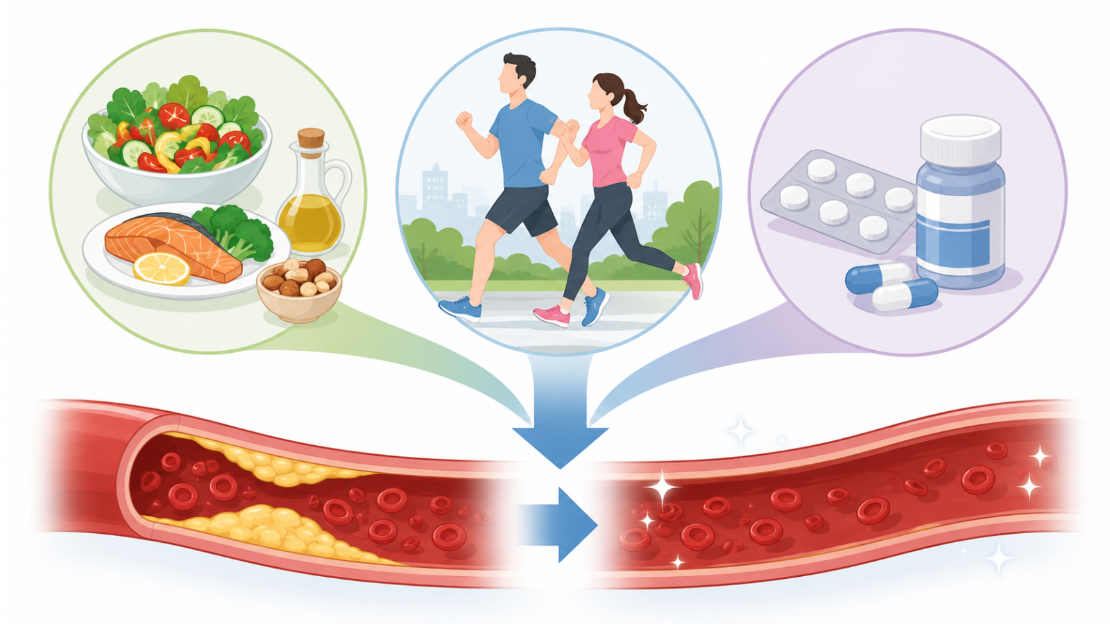 食事療法と運動療法と薬物療法による脂質異常症治療のイメージ